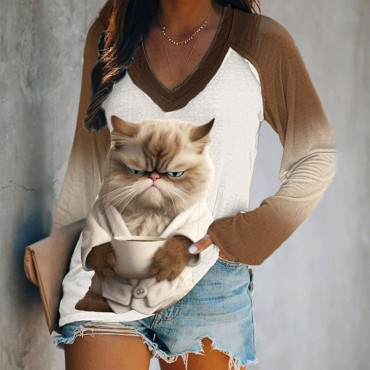 Cat Coffee Print Long Sleeve V-Neck T-Shirt