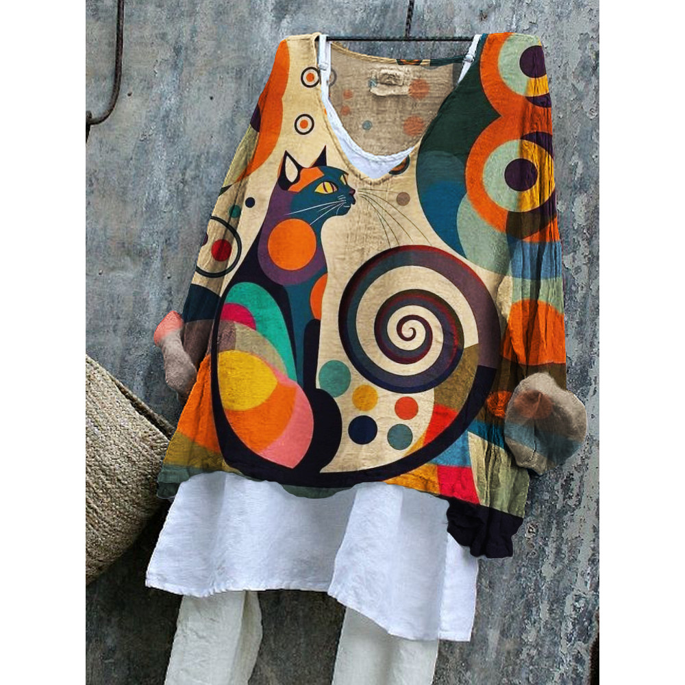 Cat Colorful Geometric Art Flowy Tunic