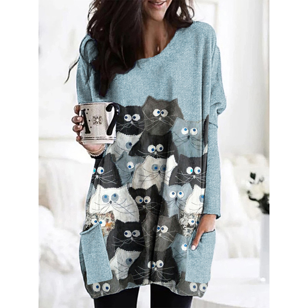 Cat Denim Fabric Splicing Casual Long T-Shirt