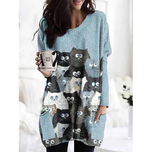 Cat Denim Fabric Splicing Casual Long T-Shirt