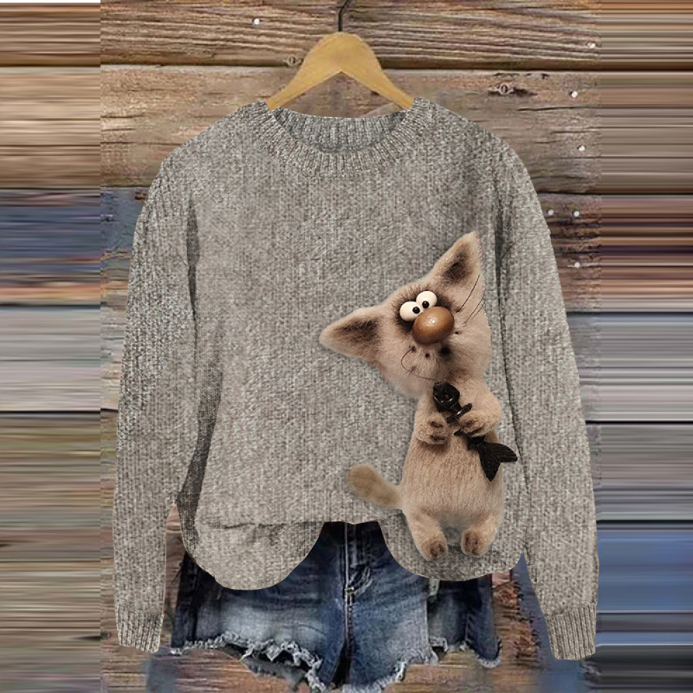 Cat Eats Fish Plush Felt Cozy Knit Sweater