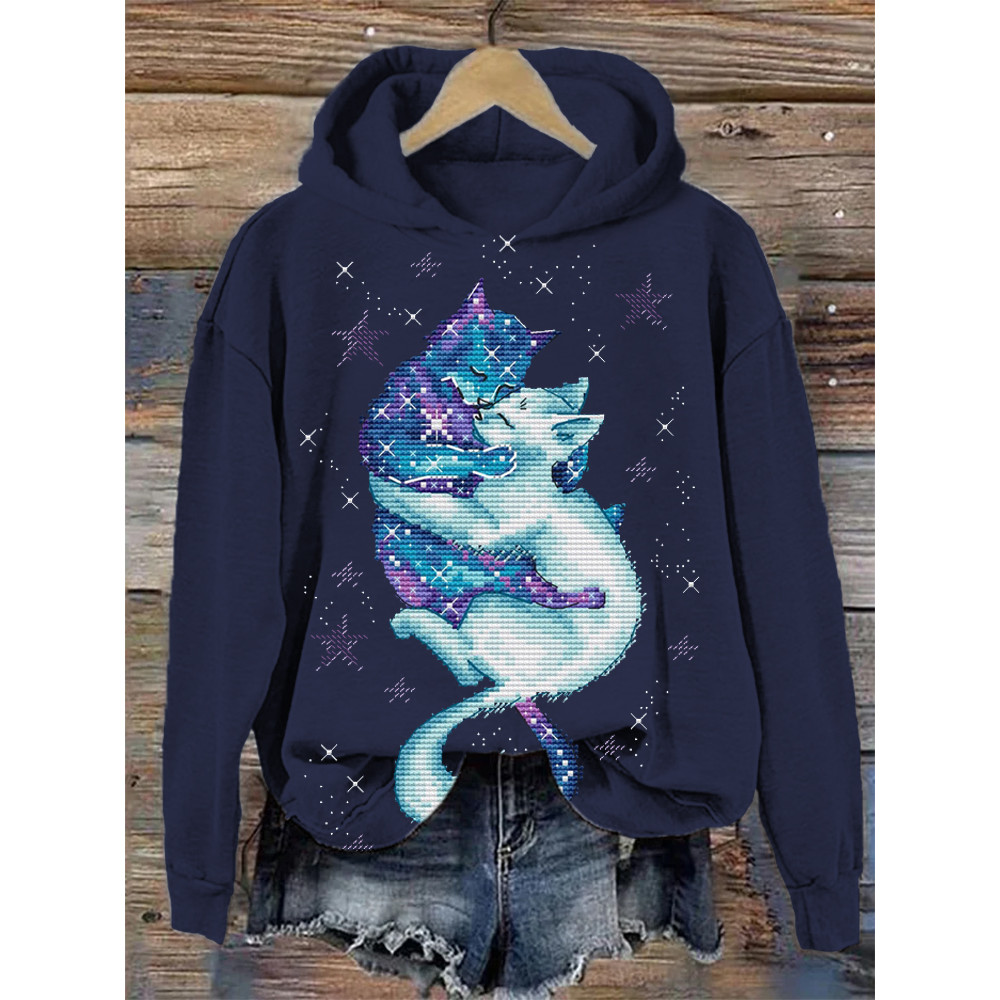 Cat Embroidery Art Print Hooded Sweatshirt