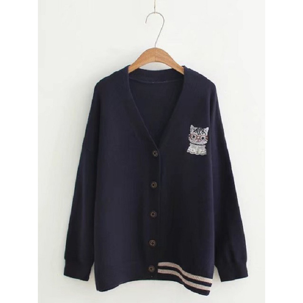 Cat Embroidery Soft Knit Sweater Cardigan