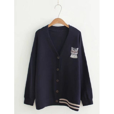 Cat Embroidery Soft Knit Sweater Cardigan