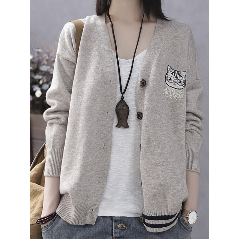 Cat Embroidery Soft Knit Sweater Cardigan