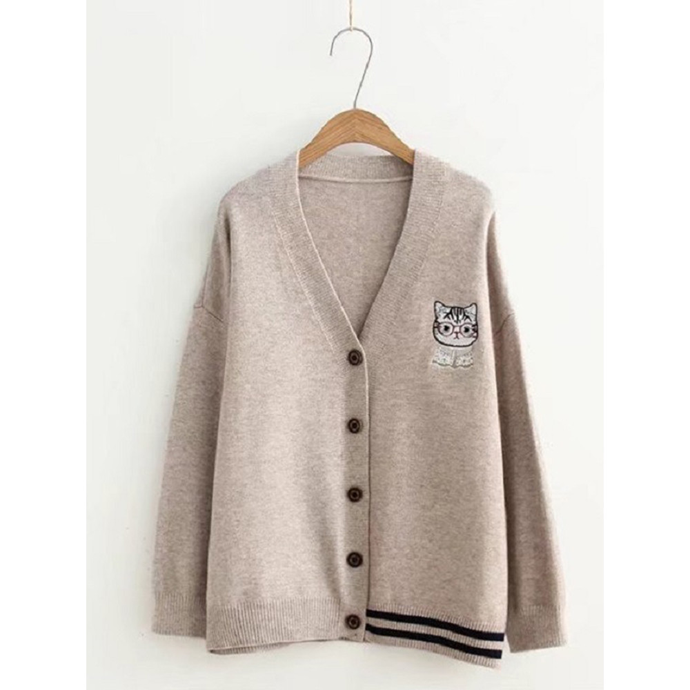 Cat Embroidery Soft Knit Sweater Cardigan
