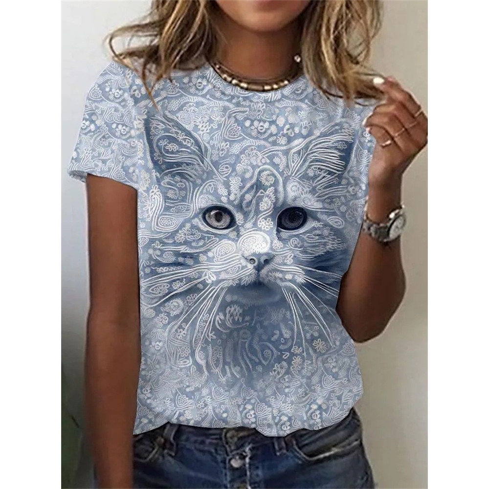 Cat Face Floral Graphic T Shirt