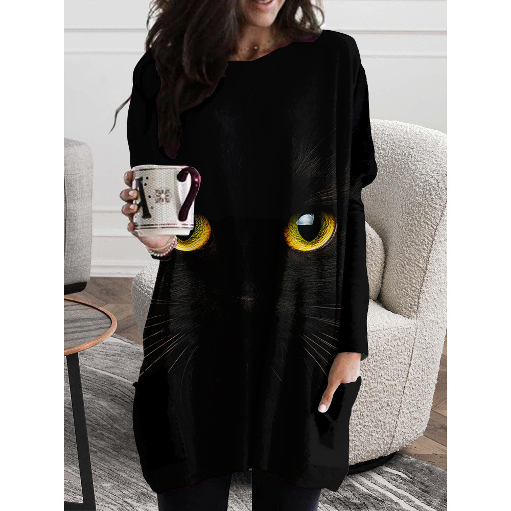 Cat Face Graphic Loose Fit Long T Shirt