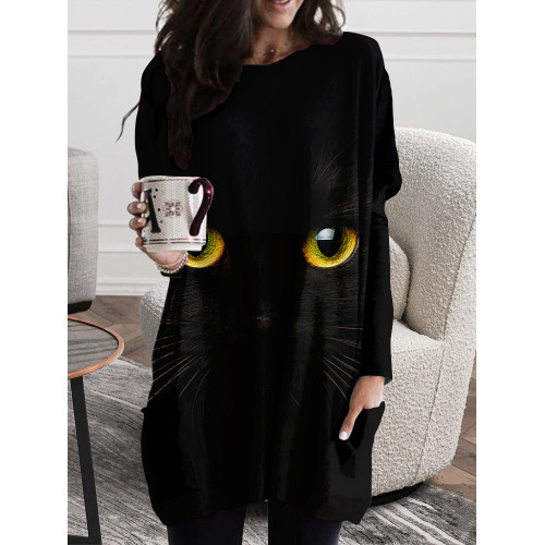 Cat Face Graphic Loose Fit Long T Shirt
