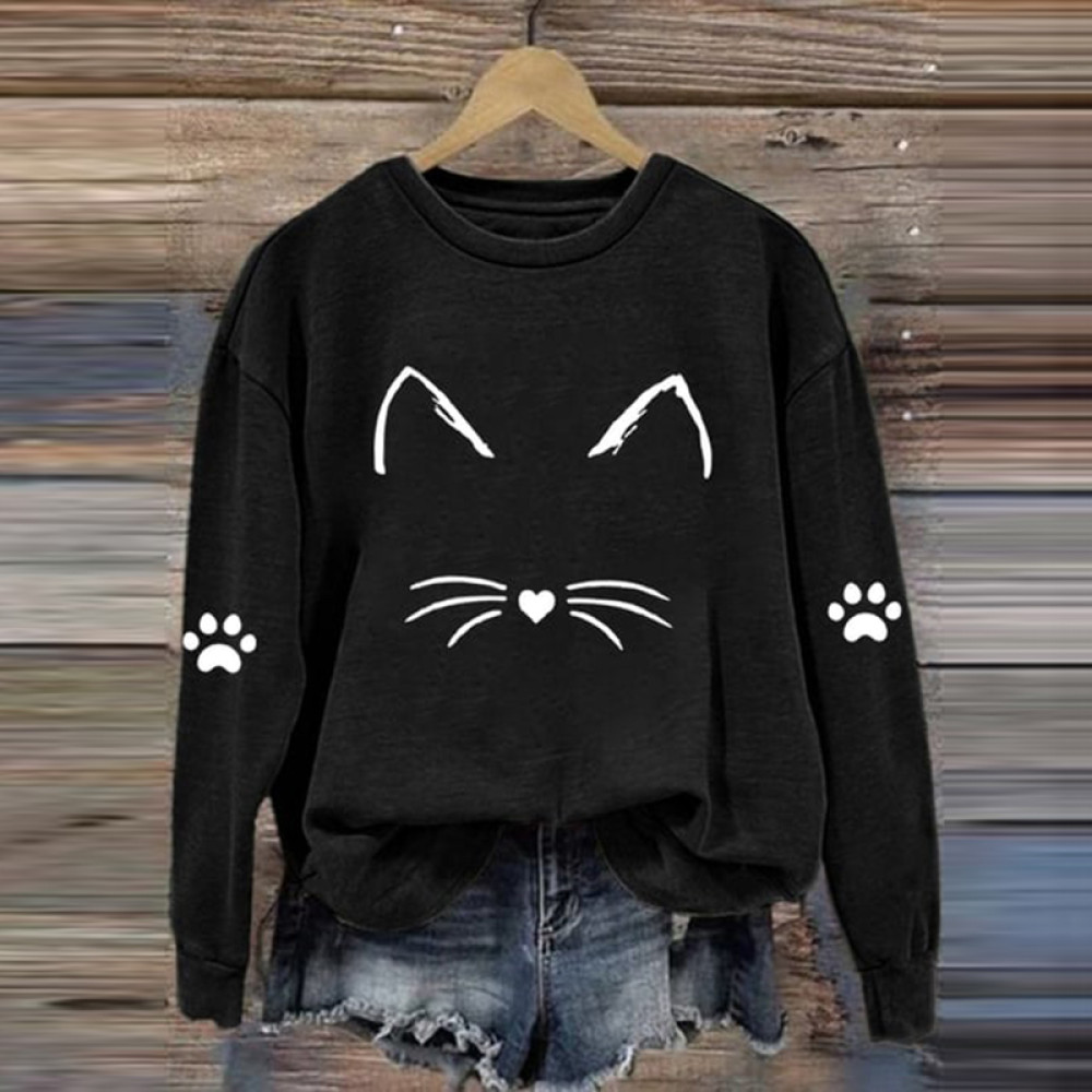 Cat Face Print Casual Sweatshirt