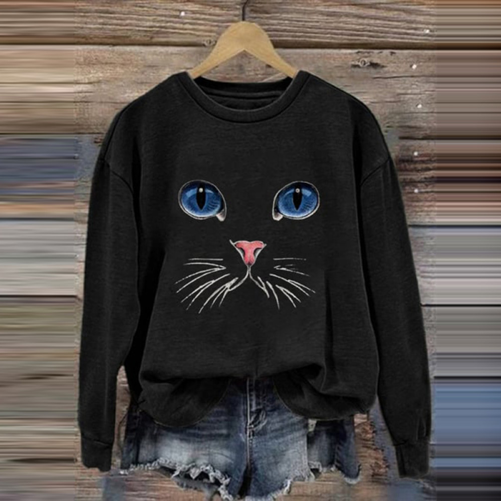 Cat Face Print Crew Neck Sweatshirt