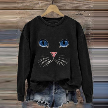 Cat Face Print Crew Neck Sweatshirt