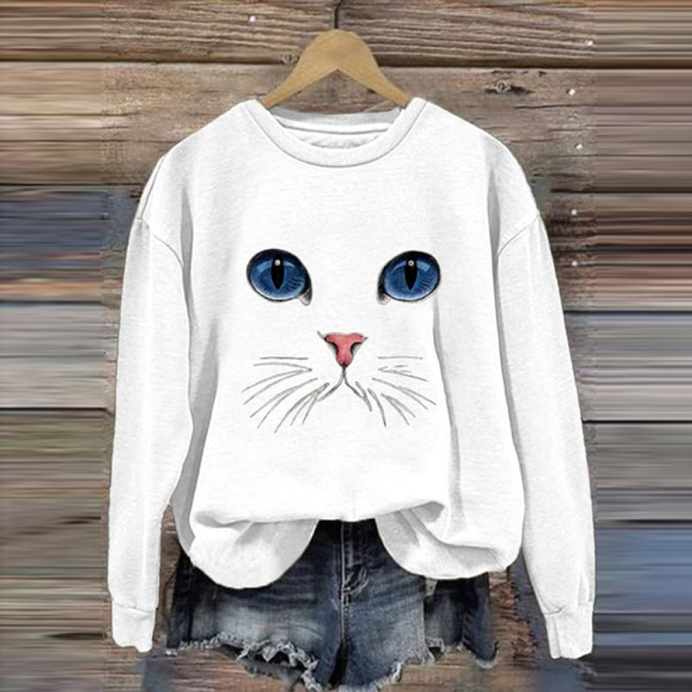 Cat Face Print Crew Neck Sweatshirt