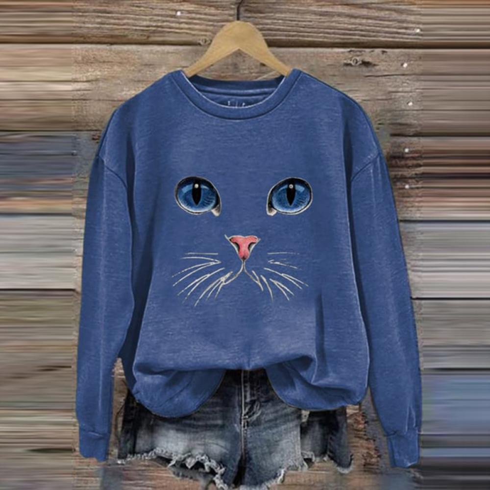 Cat Face Print Crew Neck Sweatshirt