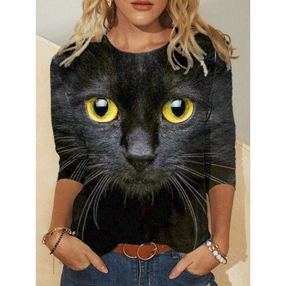 Cat Face Print Long Sleeve O-neck Casual T-shirt