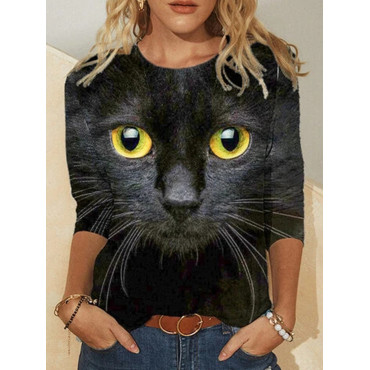 Cat Face Print Long Sleeve O-neck Casual T-shirt