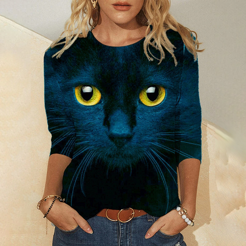 Cat Face Print Long Sleeve O-neck Casual T-shirt