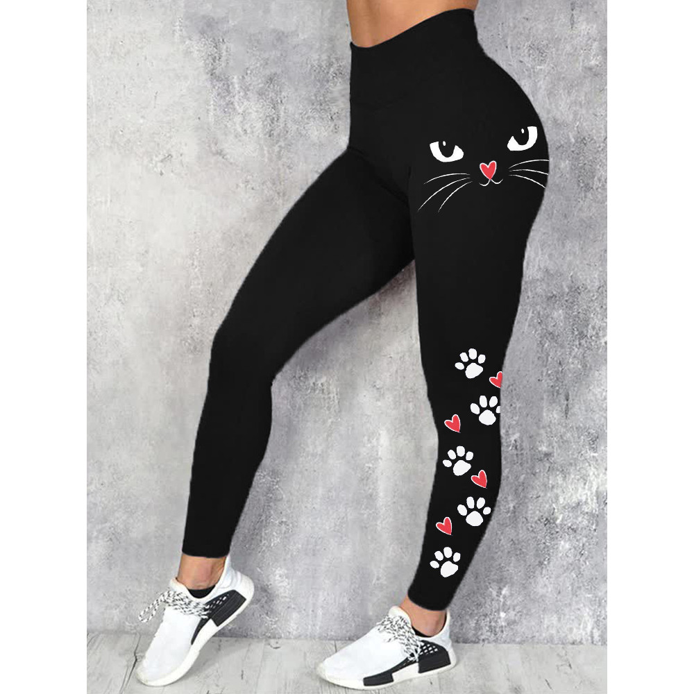 Cat Face & Heart Paw Print Comfy Leggings