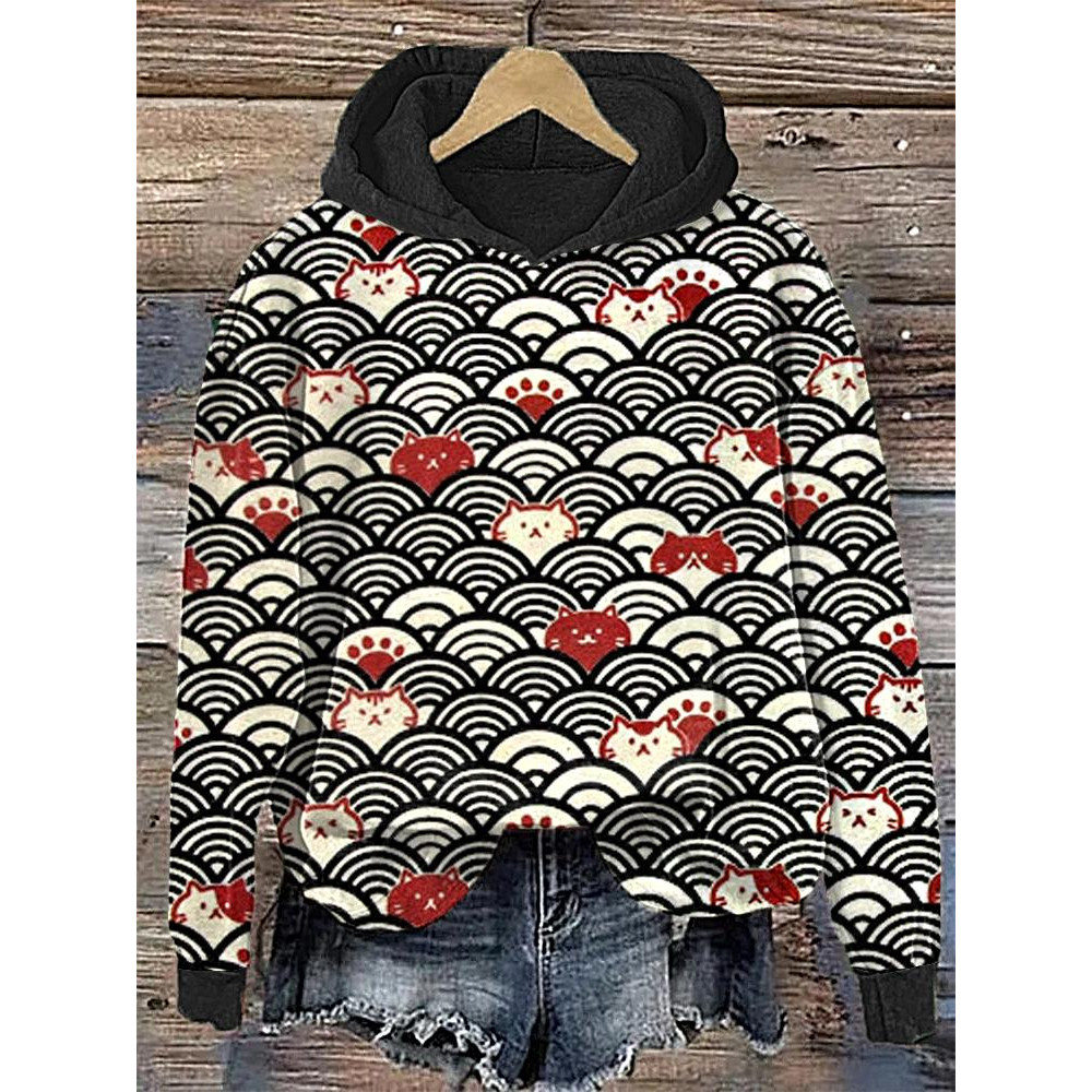 Cat Faces and Waves Japanese Art Print Cotton Cozy Hoodie