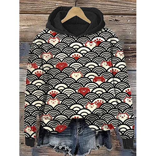 Cat Faces and Waves Japanese Art Print Cotton Cozy Hoodie