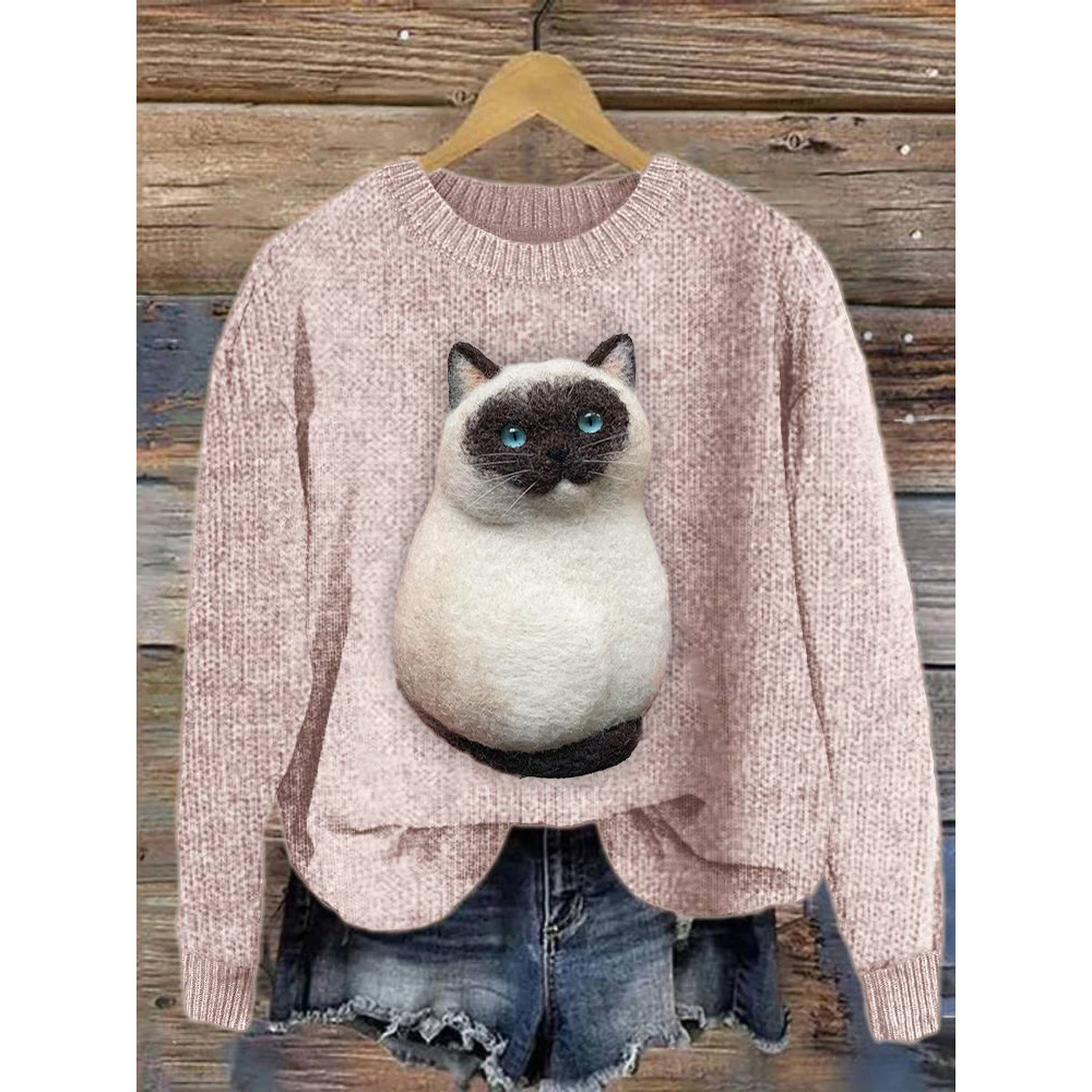 Cat Felt Art Casual Cozy Knit Sweater