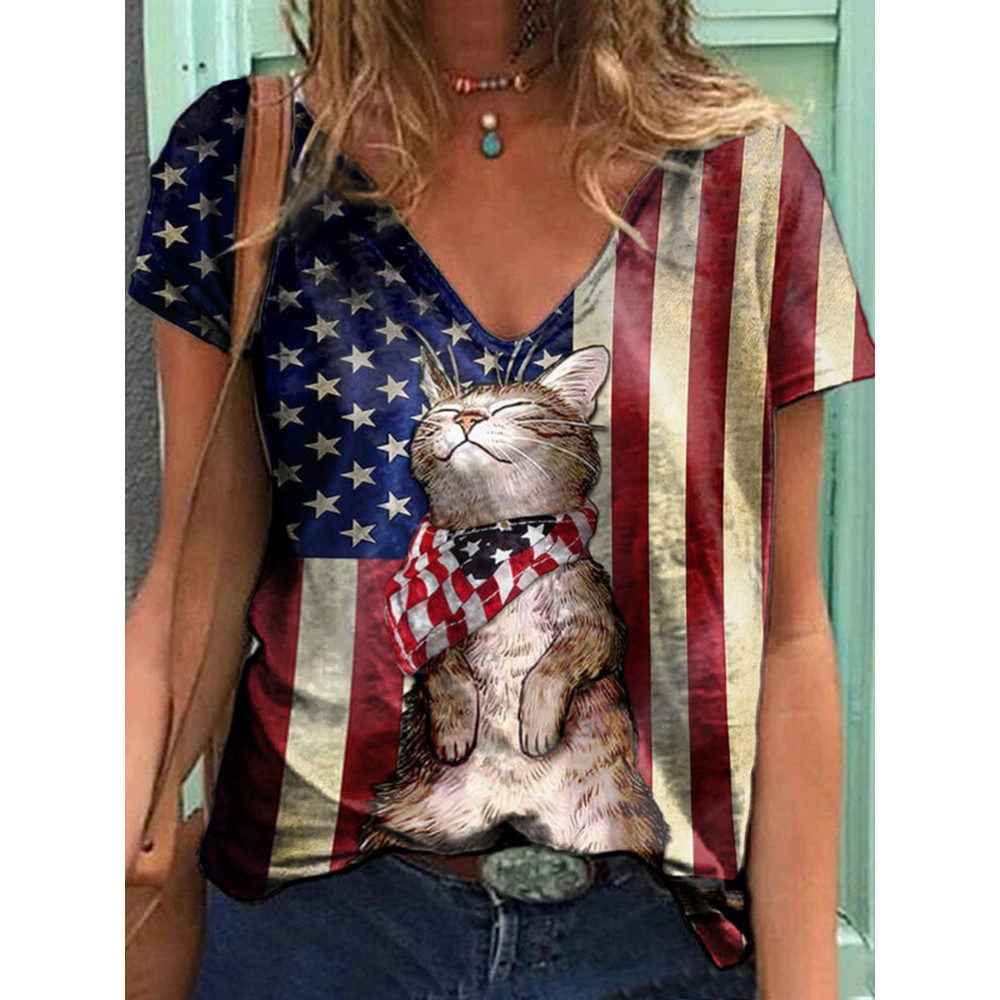 Cat Flag Print Casual T-Shirt