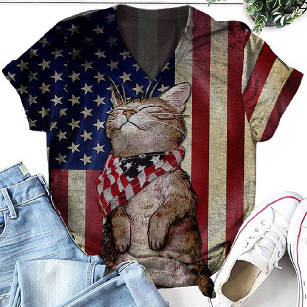 Cat Flag Print Casual T-Shirt