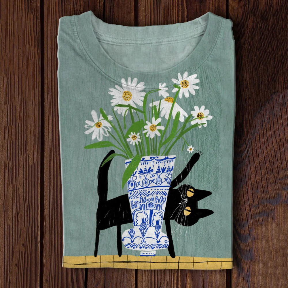 Cat Flower Illustration Print Long Sleeve T-Shirt