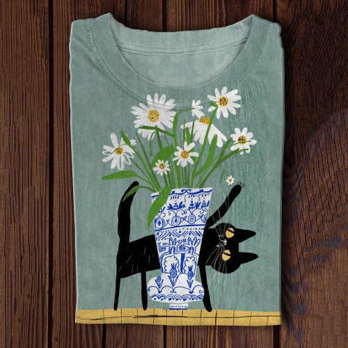 Cat Flower Illustration Print Long Sleeve T-Shirt