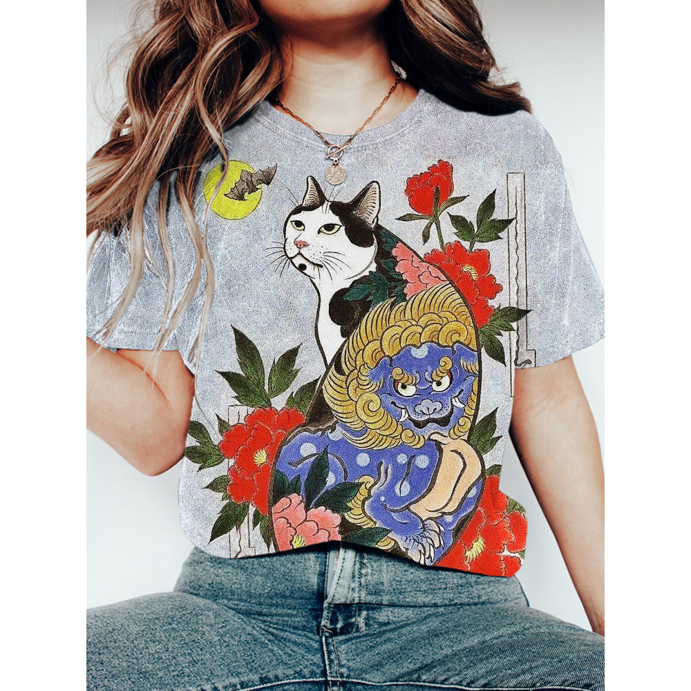 Cat Flower Japanese Art Short Sleeve T-Shirt