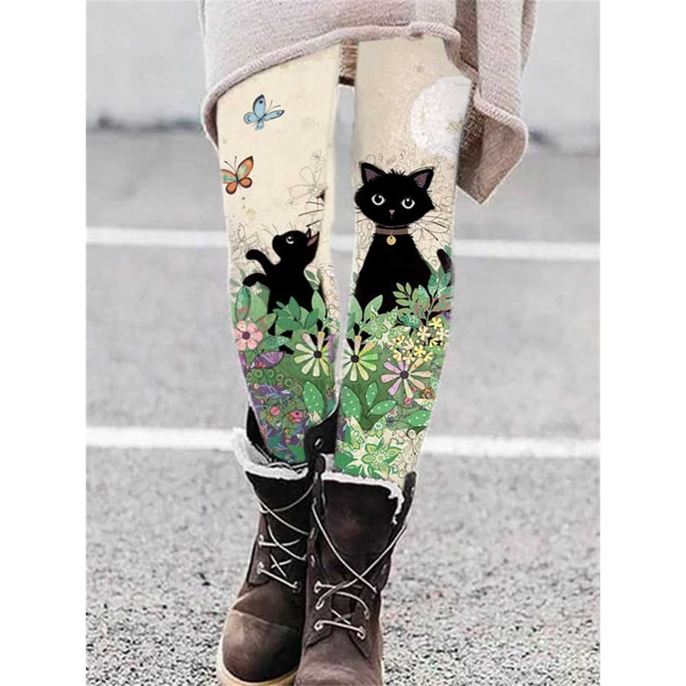Cat Flutter Butterfly And Flower Print Leggings