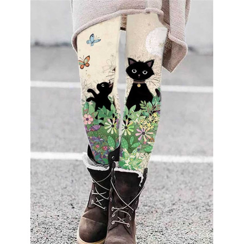 Cat Flutter Butterfly And Flower Print Leggings