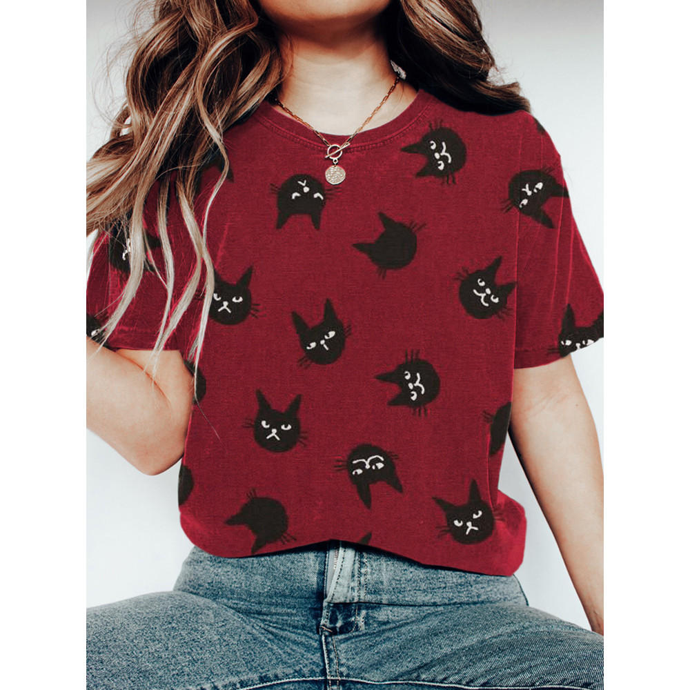 Cat Head Print Short Sleeve T-Shirt
