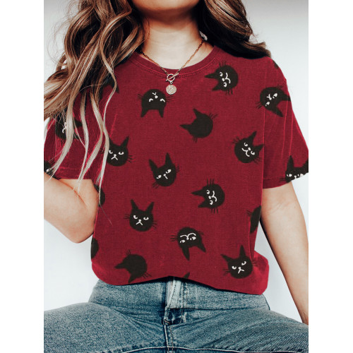 Cat Head Print Short Sleeve T-Shirt