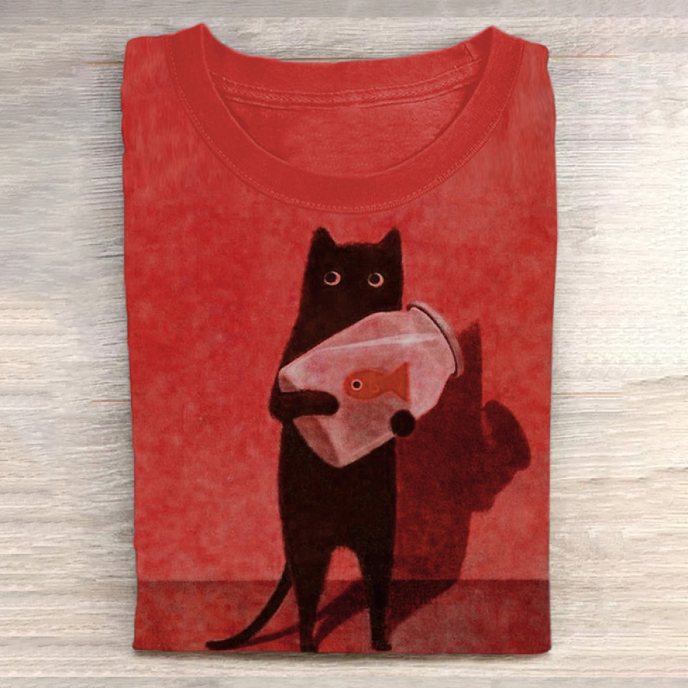 Cat Holding Goldfish Bowl Art Long Sleeve T-Shirt
