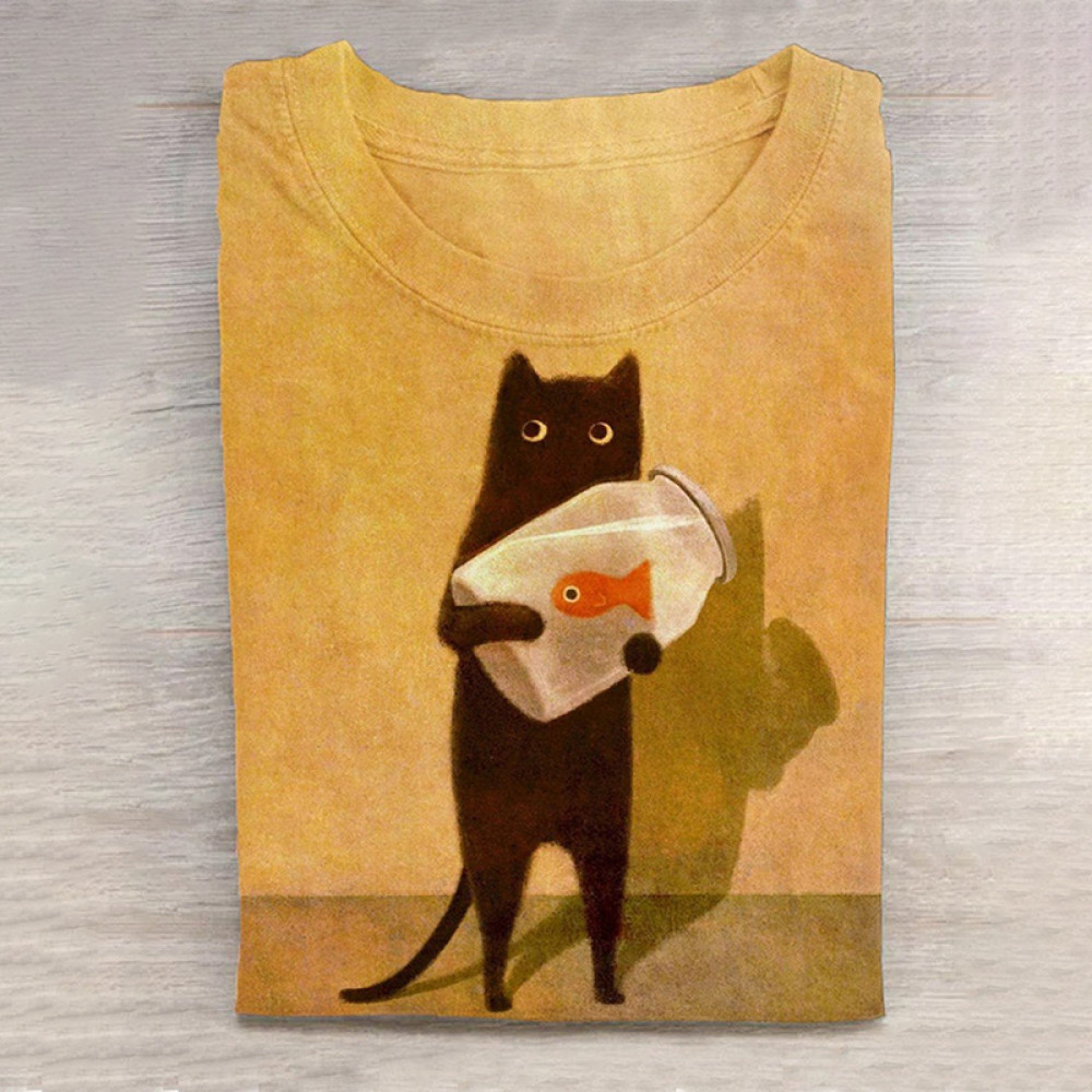 Cat Holding Goldfish Bowl Art Long Sleeve T-Shirt