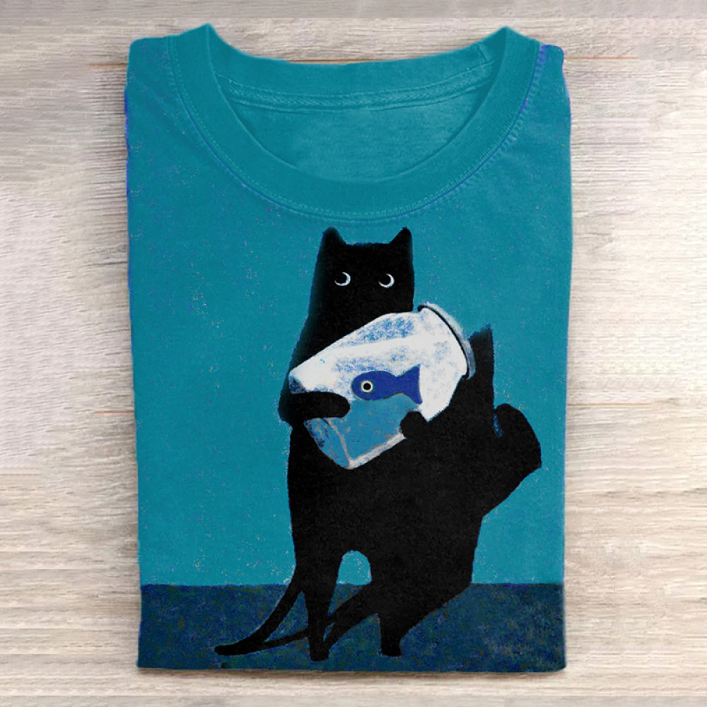 Cat Holding Goldfish Bowl Art Long Sleeve T-Shirt