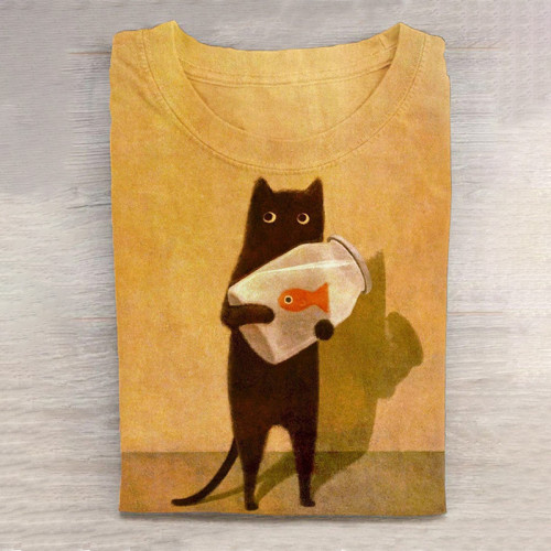 Cat Holding Goldfish Bowl Art Long Sleeve T-Shirt