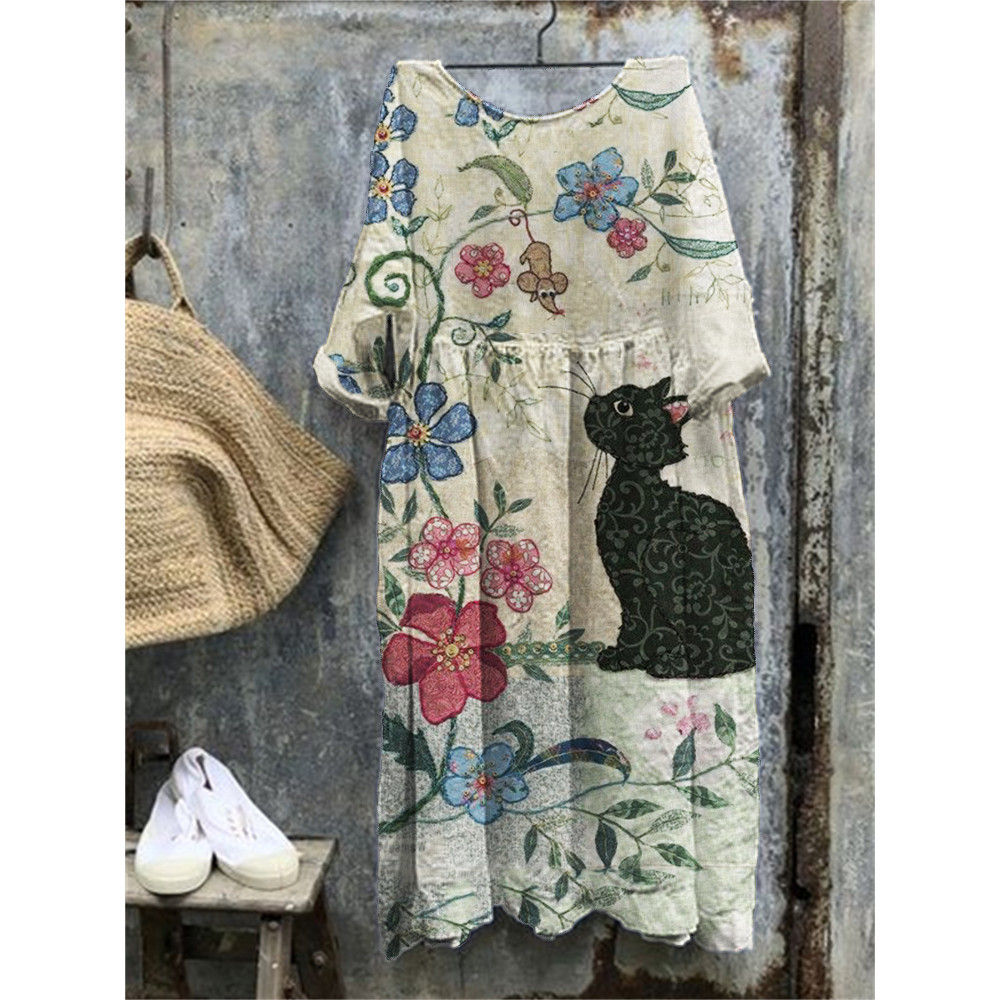 Cat In Nature Fiber Art Pleated Maxi Dress