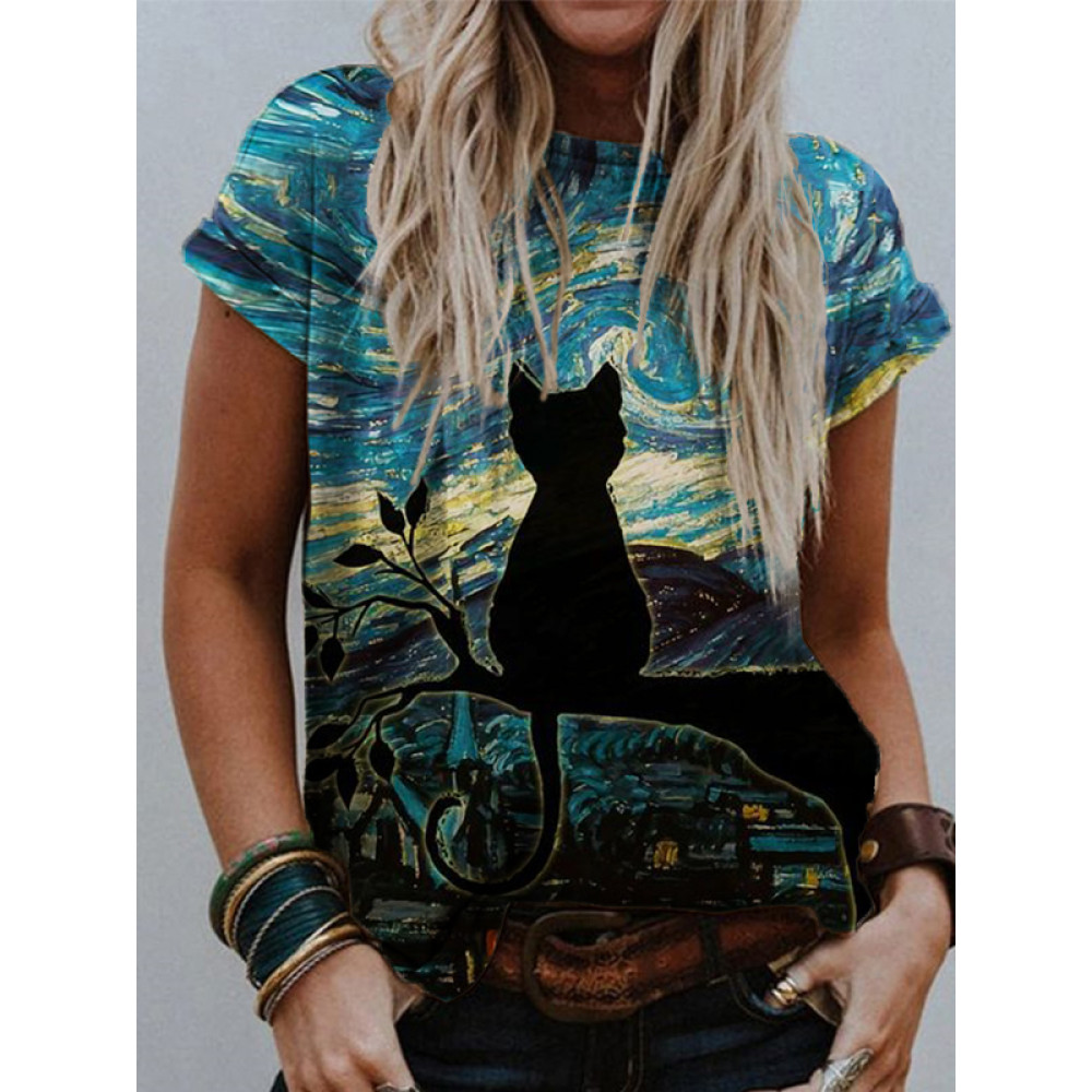 Cat In Starry Night Graphic T Shirt