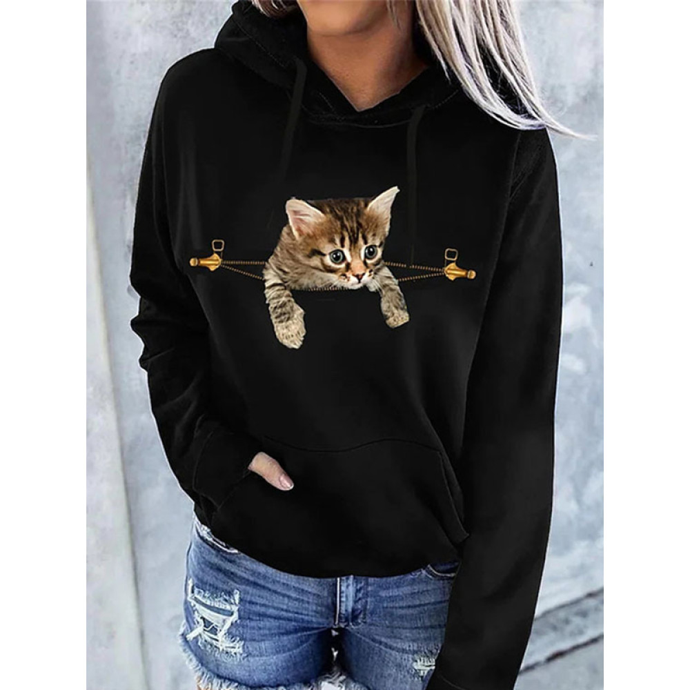 Cat In Zip Pocket Printed Sweatshirt