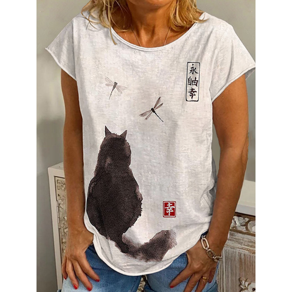 Cat Ink Painting Art Print Casual Short Sleeve T-Shirt