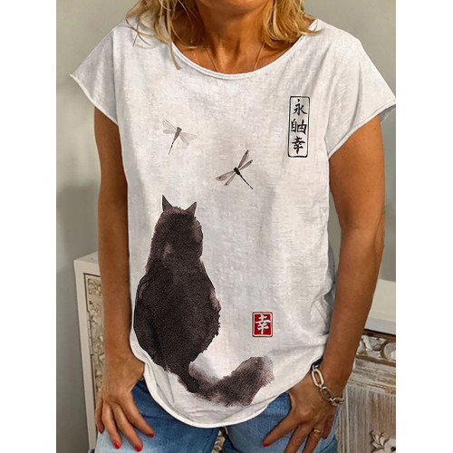 Cat Ink Painting Art Print Casual Short Sleeve T-Shirt