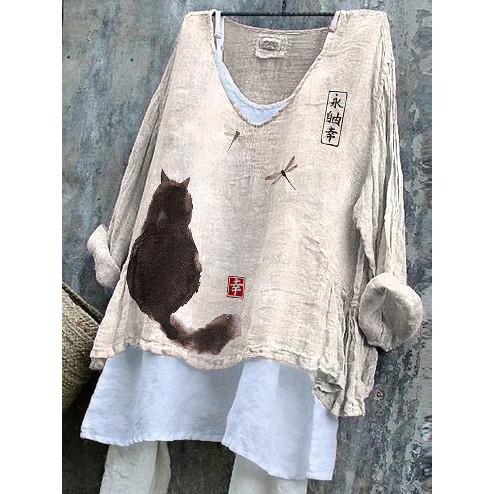 Cat Ink Painting Art Print Linen Blend Casual Shirt