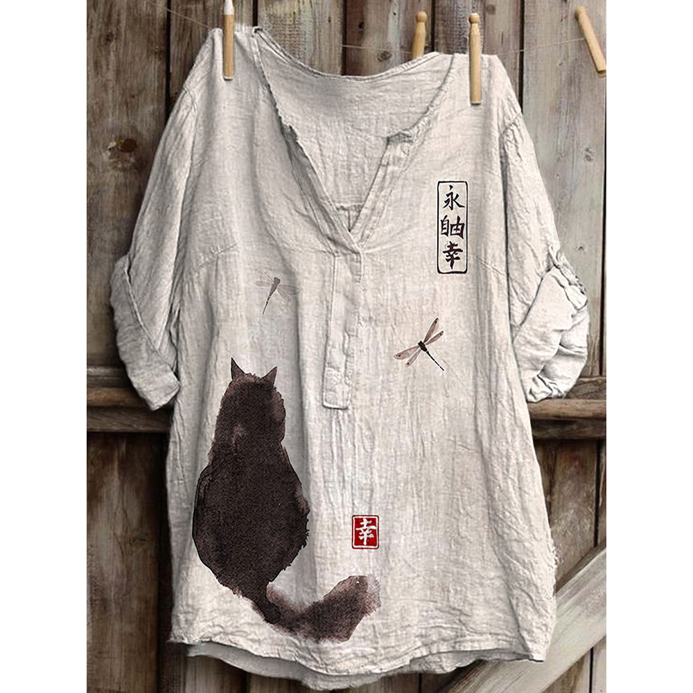 Cat Ink Painting Art Print Linen Blend V-neck Shirt