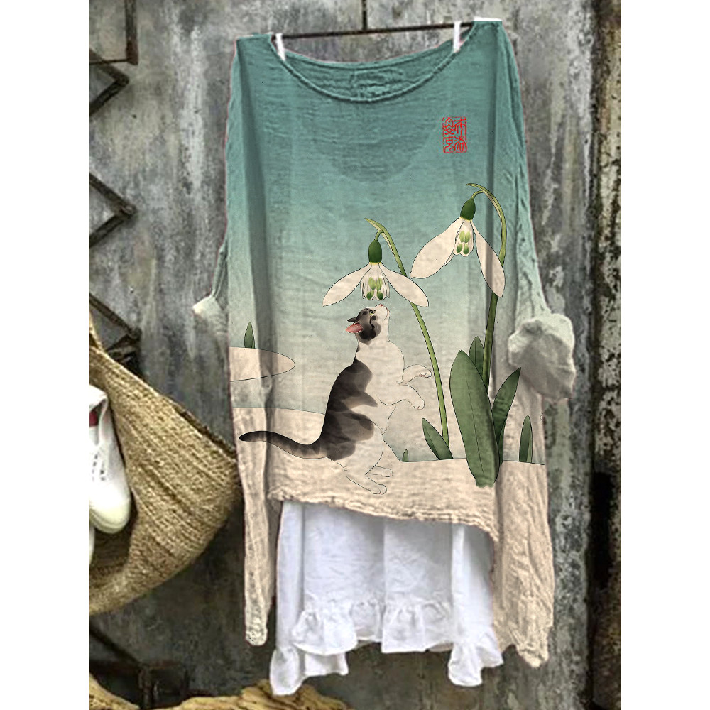 Cat Japanese Art Print Linen Blend Shirt