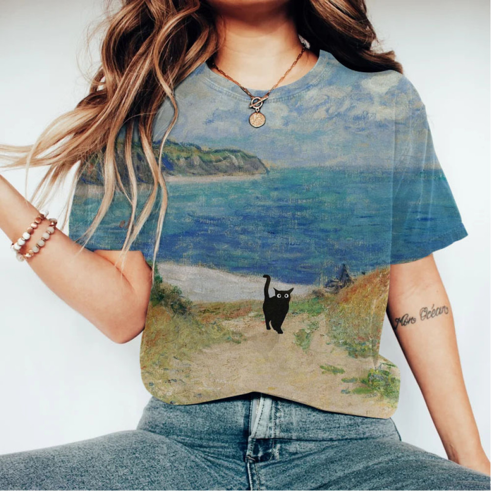 Cat Landscape Painting Art T-Shirt