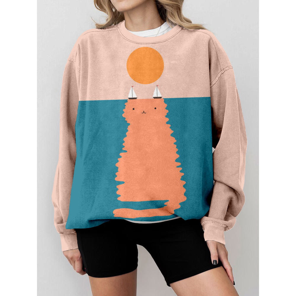 Cat Landscape Pattern Vintage Washed Sweatshirt
