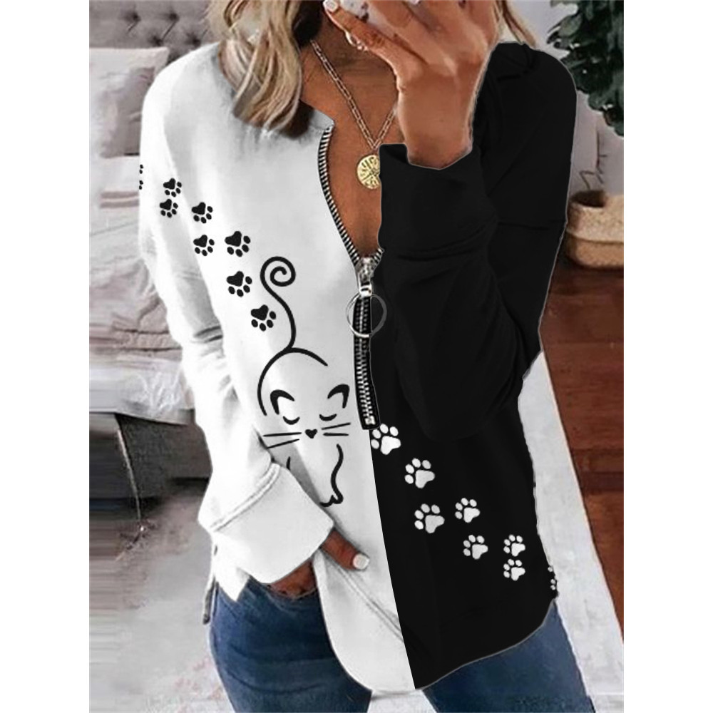 Cat Line Art Paw Print Contrast Zip Up Sweatshirt