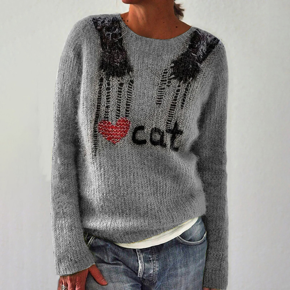 Cat Lover Print Knitted Pullover Sweater